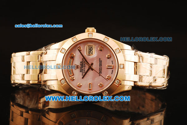 Rolex Day Date Automatic Rose Glod Case with Diamond Bezel Pink MOP Dial and Diamond Markers-Rose Gold Strap - Click Image to Close